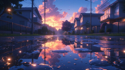 Obraz premium Suburban Neighborhood Path Wet from Afternoon Rain with Reflective Puddles Showing Homes and Bright Clouds in the Sky Anime Style Wallpaper Background