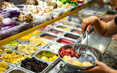 Traditional Asian dishes sold in a food court in Singapore