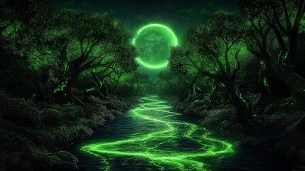 Glowing green forest and river, fantasy style, mystical nature scene against dark backdrop