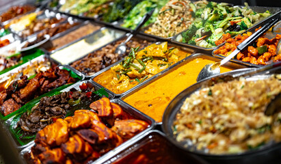 Traditional Asian dishes sold in a food court in Singapore
