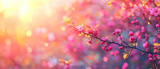 Fototapeta premium Pink Blossoms on a Branch with Sunlit Bokeh Background