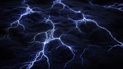 A dramatic lightning storm with bright white bolts and dark blue sky.
