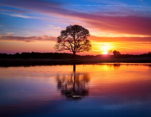 Naklejka premium Lone tree silhouetted against a vibrant sunset over a calm, reflective lake.