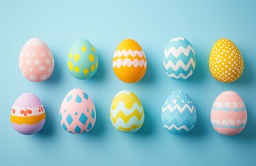 Fototapeta premium Colorful Pastel Easter Eggs with Various Patterns on a Blue Background, Celebrating the Happy Easter Concept