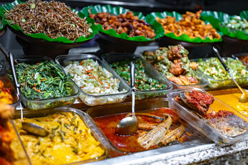 Traditional Asian dishes sold in a food court in Singapore