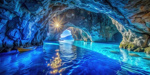 Naklejka premium High-resolution photo of Capri's Blue Grotto, Italy: deep blue waters, stunning cave, natural colors, sharp focus.