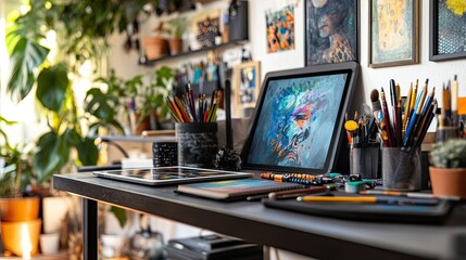 Fototapeta premium Artist's workspace, digital art, home studio