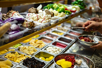 Traditional Asian dishes sold in a food court in Singapore