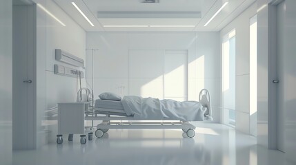 A clean, white hospital room with a bed, a window, and two doors.