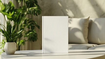 Blank book on table with plants in a cozy living room