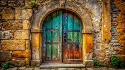Historic building entrance:  Timeworn stone archway embracing a rustic wooden door.