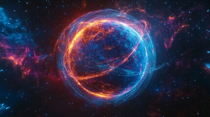 Obraz premium Earth in space wrapped in swirling, glowing neon lines symbolizing invisible networks 