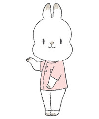 お知らせをするピンクの看護師のうさぎのキャラクターの手書きイラスト