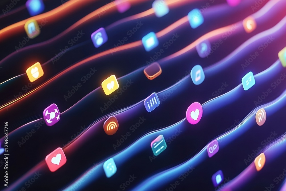 Poster Colorful array of digital app icons set against a dark background with a futuristic design. Generative AI
