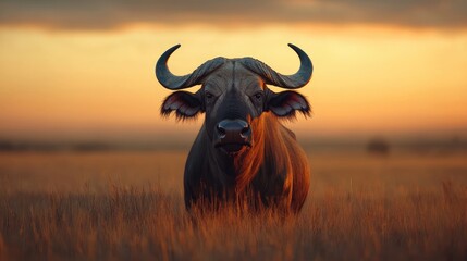 African buffalo at sunset in golden field. Possible use for nature/wildlife photography