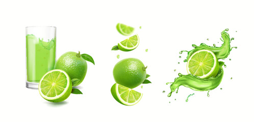 Set of fresh Lime. Whole, half, cut slice lime fruits isolated on White background. Drink glass of lemonade, splashing mojito.. Citrus fruit juice splash. Realistic 3d Vector illustration