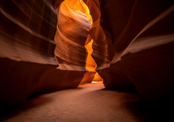 Narrow passage through a red sandstone canyon with golden sunlight reflecting on its smooth walls, AI-generated scenic wonder.