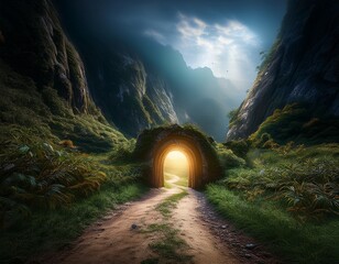 A narrow dirt road winding through a lush valley, leading to a glowing entrance carved into a mountainside.