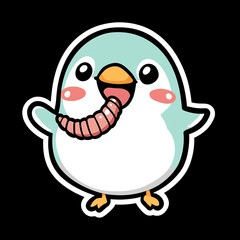 Cute Kawaii Happy Bird Holding a Worm in Anime Style Adorable Character Design with Bright Colors and Playful Expression Perfect for Illustrations and Fun Art Projects