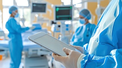 Surgical Team in Action A Glimpse into Modern Medicine and Healthcare Excellence Witness Dedicated Doctors and Nurses Utilizing Advanced Technology, Including Tablets, in a Sterile Operating Room