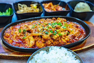 Traditional bulgogi chicken served in Korean restaurant