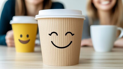 Two smiling coffee cups, one yellow and one brown, bring joy to a casual cafe setting, creating a delightful moment for friends connecting over a hot beverage, as the simple happiness they share