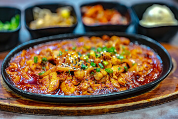 Traditional bulgogi chicken served in Korean restaurant