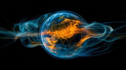 Obraz premium The Earth orbiting in space with floating neon trails and swirling x-ray-like lines 