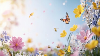 Butterflies flutter among vibrant wildflowers in a sunny meadow under a clear blue sky.