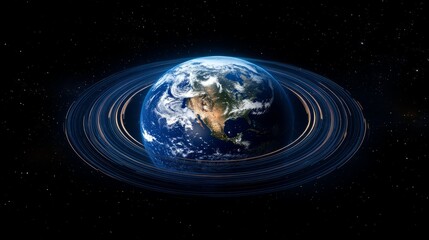 The Earth surrounded by concentric, radiant rings and abstract digital effects 