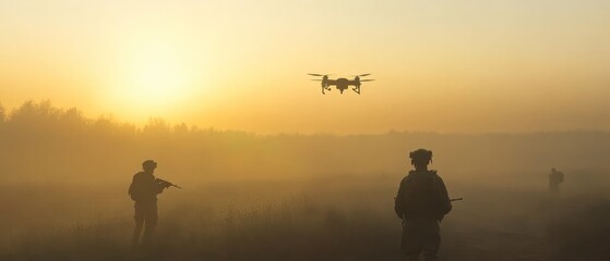 Drone Surveillance Over Foggy Field with Soldiers
