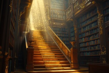 Golden Staircase in a Grand Library: Sunlit Bookshelves and Luxurious Interior