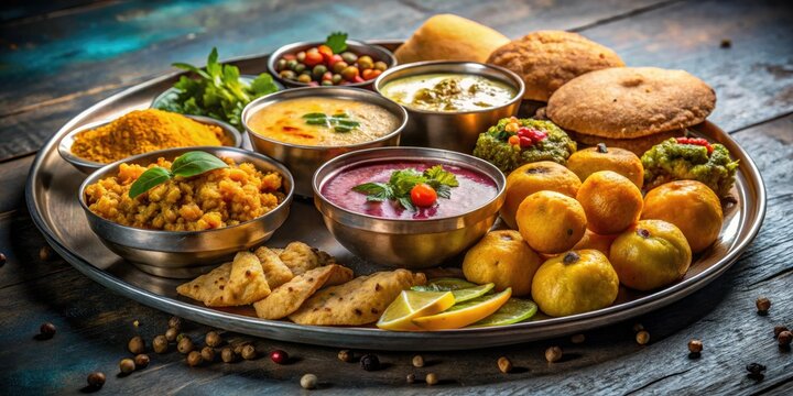Long exposure reveals the vibrant textures of a Navratri fasting thali: aloo sabzi, sabudana vada, kuttu puri, and fresh fruit.