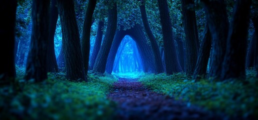 Fototapeta premium Mystical forest path at twilight, leading to blue light
