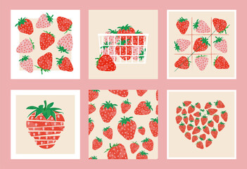 Strawberries colorful wallpaper prints background set. Six fruit illustrations isolated on background. Greeting cards background with strawberries for your design.