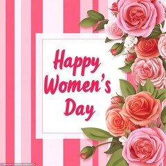 happy women's day greeting card with pink and red floral design