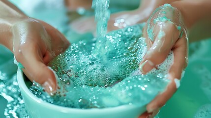 Fototapeta premium A woman's hands are washing a bowl full of green bubbles.