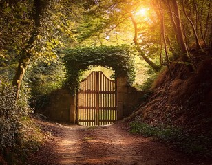 An ancient wooden gate covered in vines, standing at the end of a narrow forest trail, bathed in warm golden light.