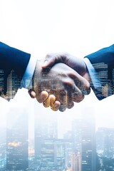 business handshake with city skyline double exposure effect on white background