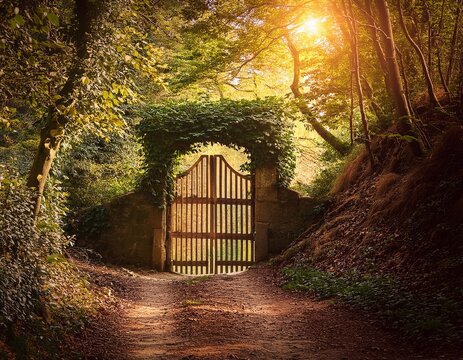 An ancient wooden gate covered in vines, standing at the end of a narrow forest trail, bathed in warm golden light.