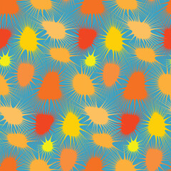 Abstract geometric seamless pattern. Colorful blobs of orange, yellow, red, on pastel blue background
