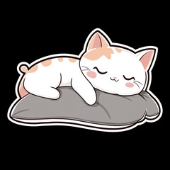 Adorable Sleepy Cat Cartoon Sticker Embracing a Soft Pillow in a Whimsical 2D Design Perfect for Cat Lovers Home Decor and Fun Illustrations for Various Creative Projects