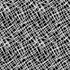 Ragged grid seamless pattern. Black and white hand drawn texture