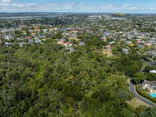Aerial view of residential Auckland, New Zealand, showcasing lush greenery and homes. SAINT HELIERS, AUCKLAND, NZ