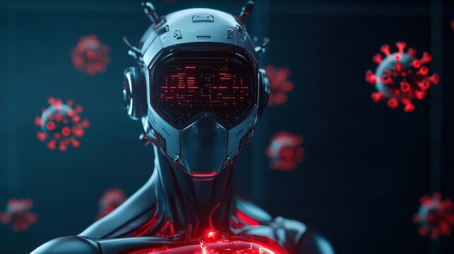 A futuristic robot with a high-tech interface is surrounded by floating virus icons, symbolizing the intersection of technology and health.
