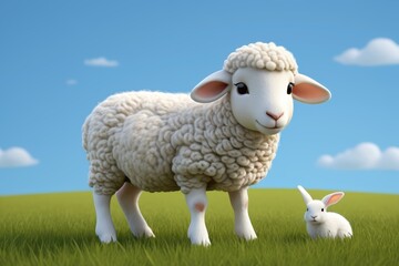 Fototapeta premium there is a sheep and a rabbit standing in a field