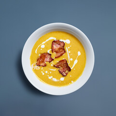 Top View of Creamy Pumpkin Soup with Crispy Bacon in White Bowl Against Blue Background