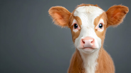 Cute calf portrait, studio shot, grey background, farm animal