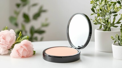 Sleek and professional powder compact resting on a modern vanity table surrounded by a mirror and lush greenery creating a refined and stylish beauty display