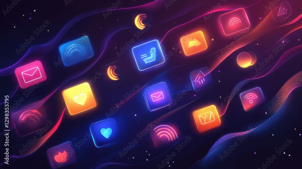 Aufkleber Colorful digital interface with various communication icons floating in a dark space. Generative AI